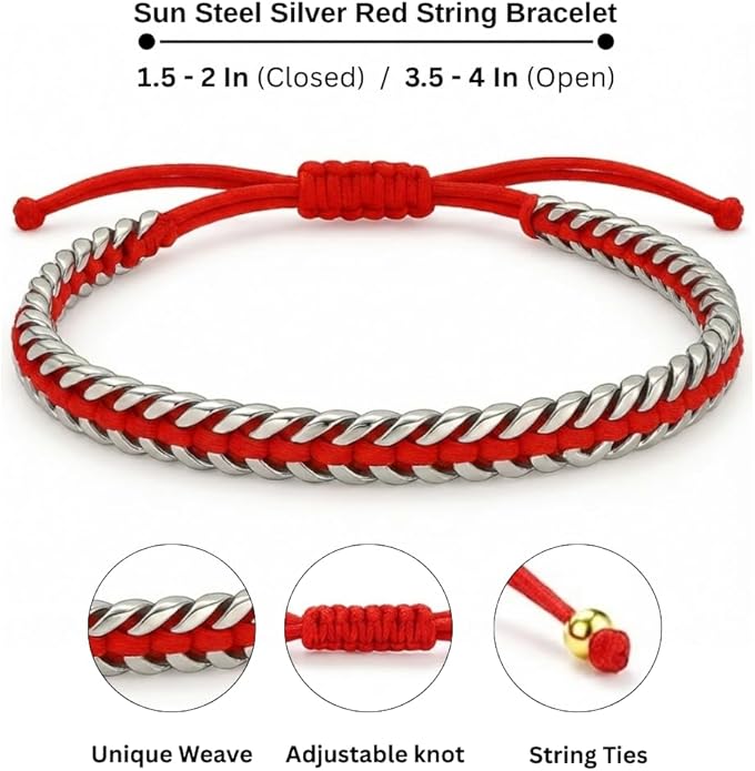 Sun Steel Silver Red String Bracelet - Kabbalah Protection Evil Eye Bracelets for Men & Women