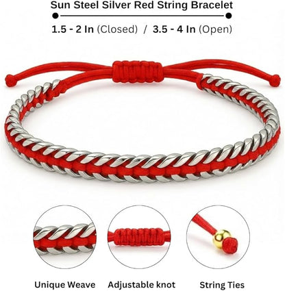 Sun Steel Silver Red String Bracelet - Kabbalah Protection Evil Eye Bracelets for Men & Women